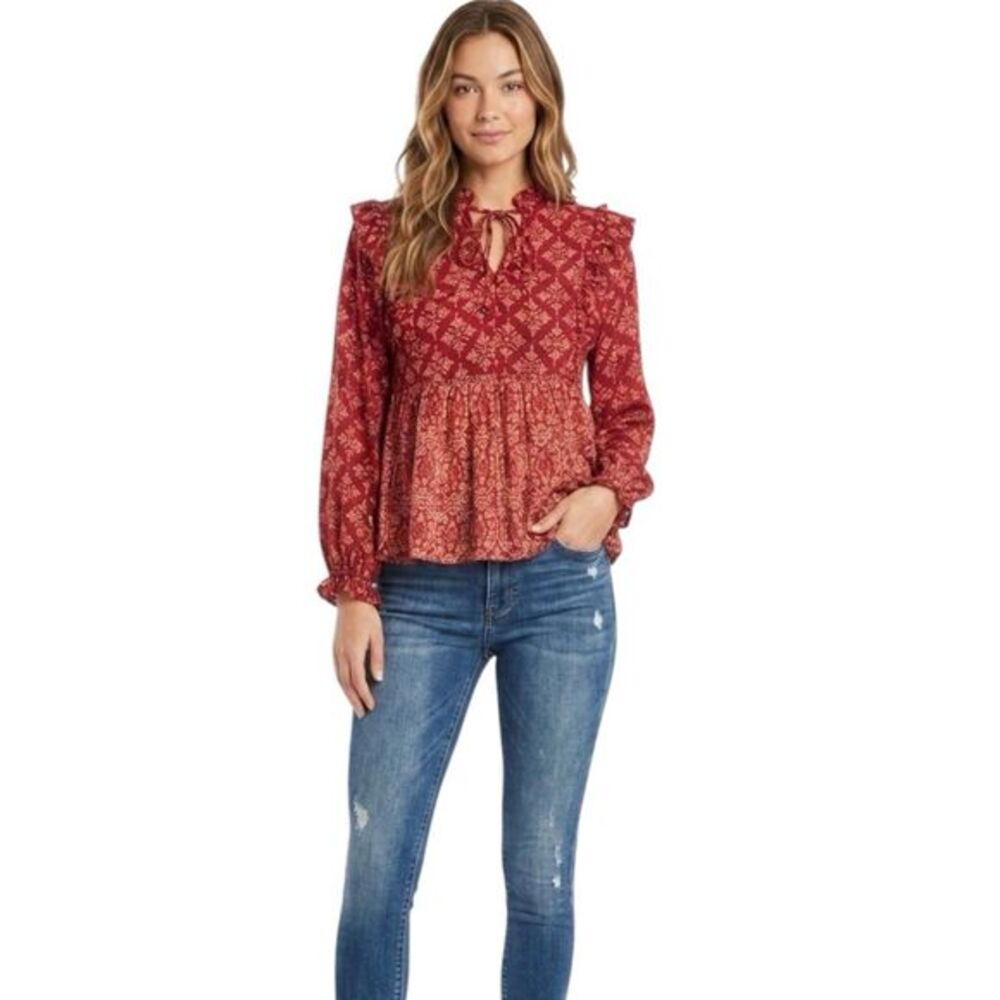 Blue Rain Blouse Long Sleeve Ruffle Floral Boho Cottagecore Cottage Sz Small